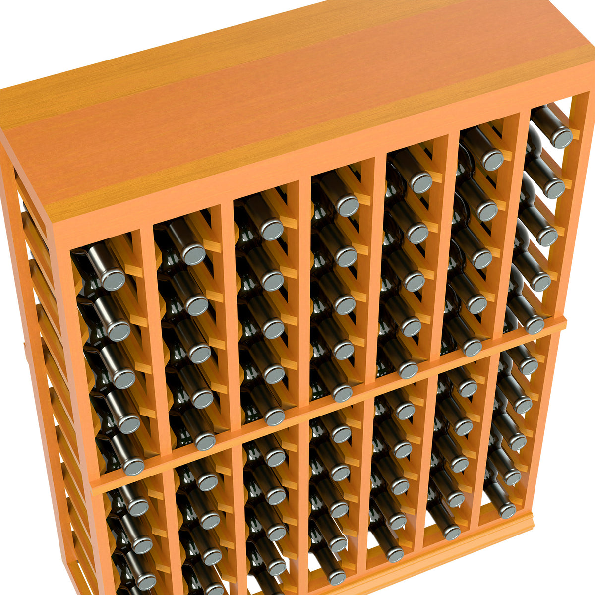 Orange wood half-height wine rack table with solid top and multiple bottle positions