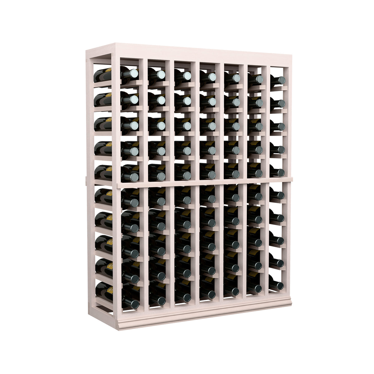 Natural wood half-height wine tasting table with solid top and grid-style bottle holders