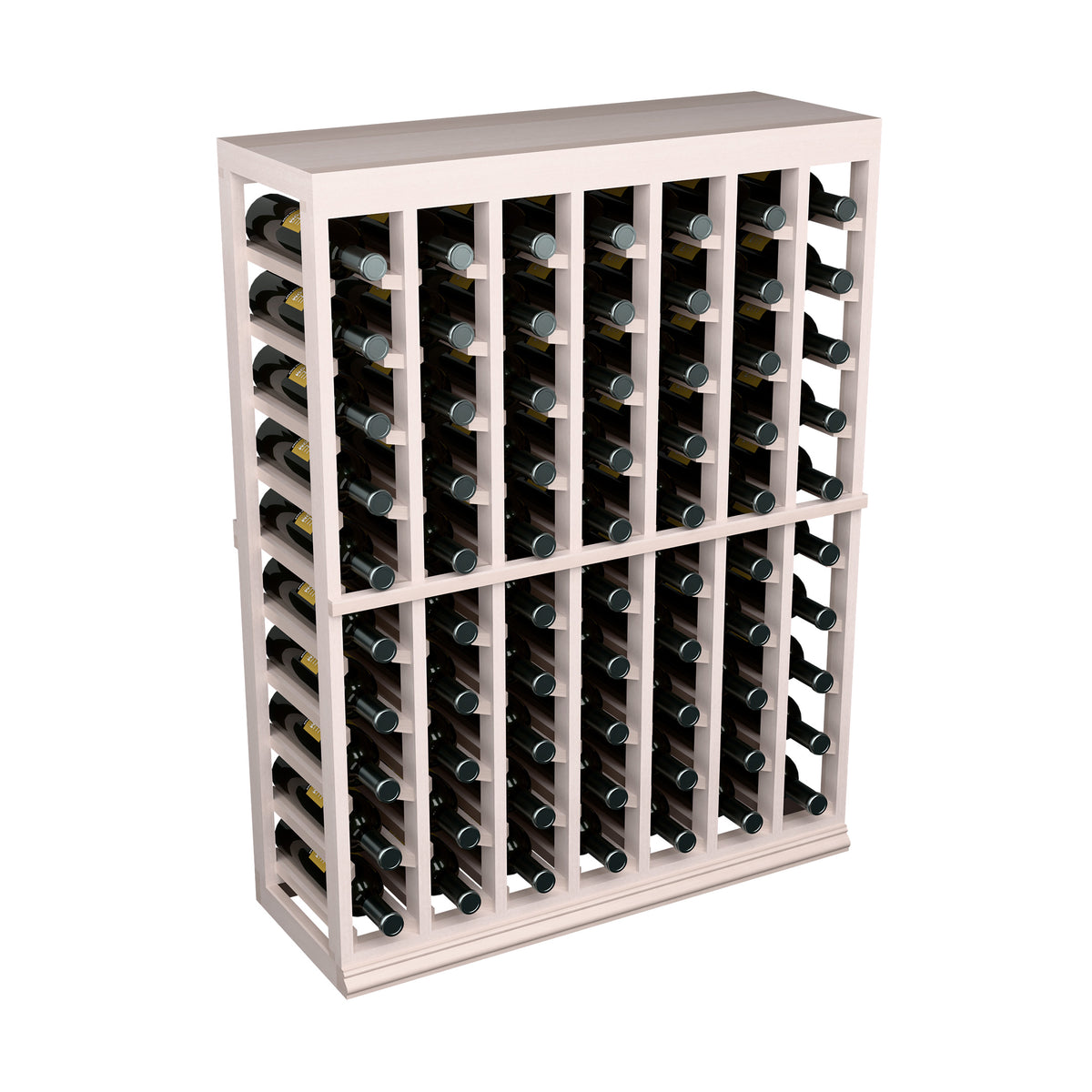 Light wood wine tasting table with solid top and half-height bottle rack, whitewashed look