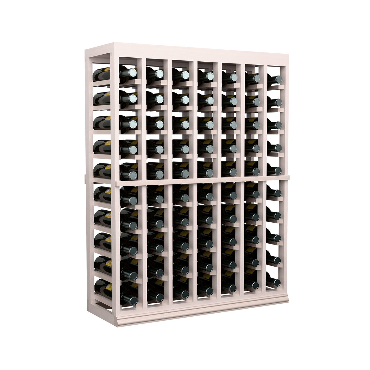 Wood wine tasting table with solid top and half-height bottle slots, straight front view