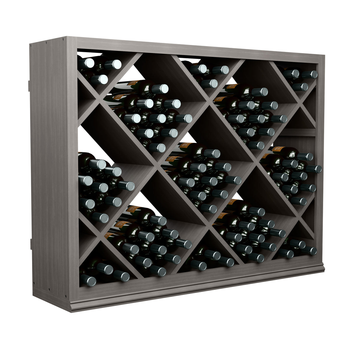 Half-height diamond wine storage cabinet, dark finish, angled view showing crisscross slots