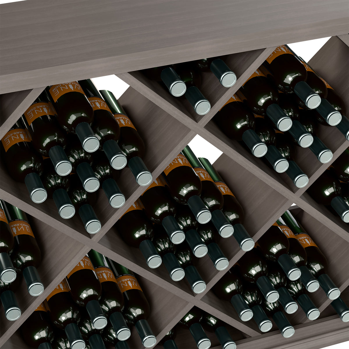 Half-height diamond wine storage cabinet close-up, dark wood, bottles in diagonal slots