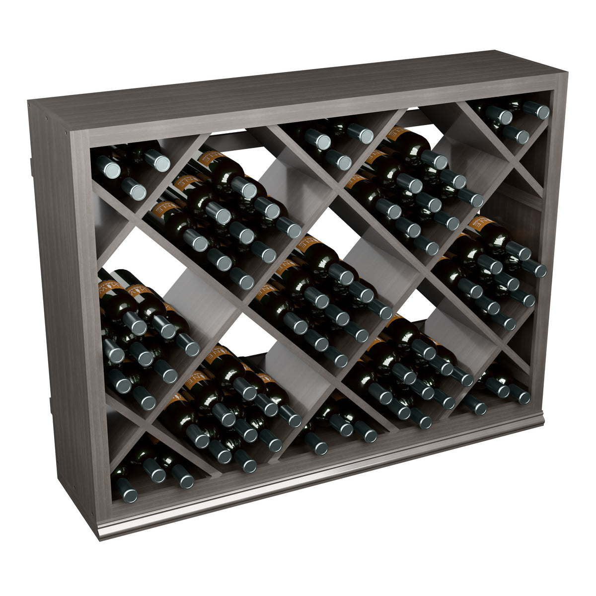 Half-height diamond wine storage cabinet, dark finish, three-quarter front view with bottles