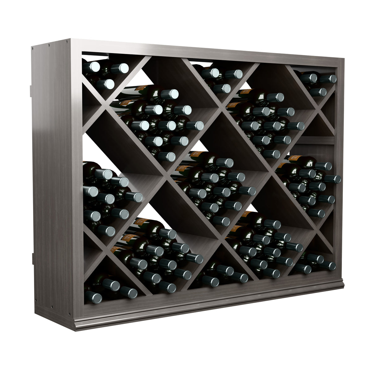 Half-height diamond wine storage cabinet, dark finish, front view with diagonal bottle grid