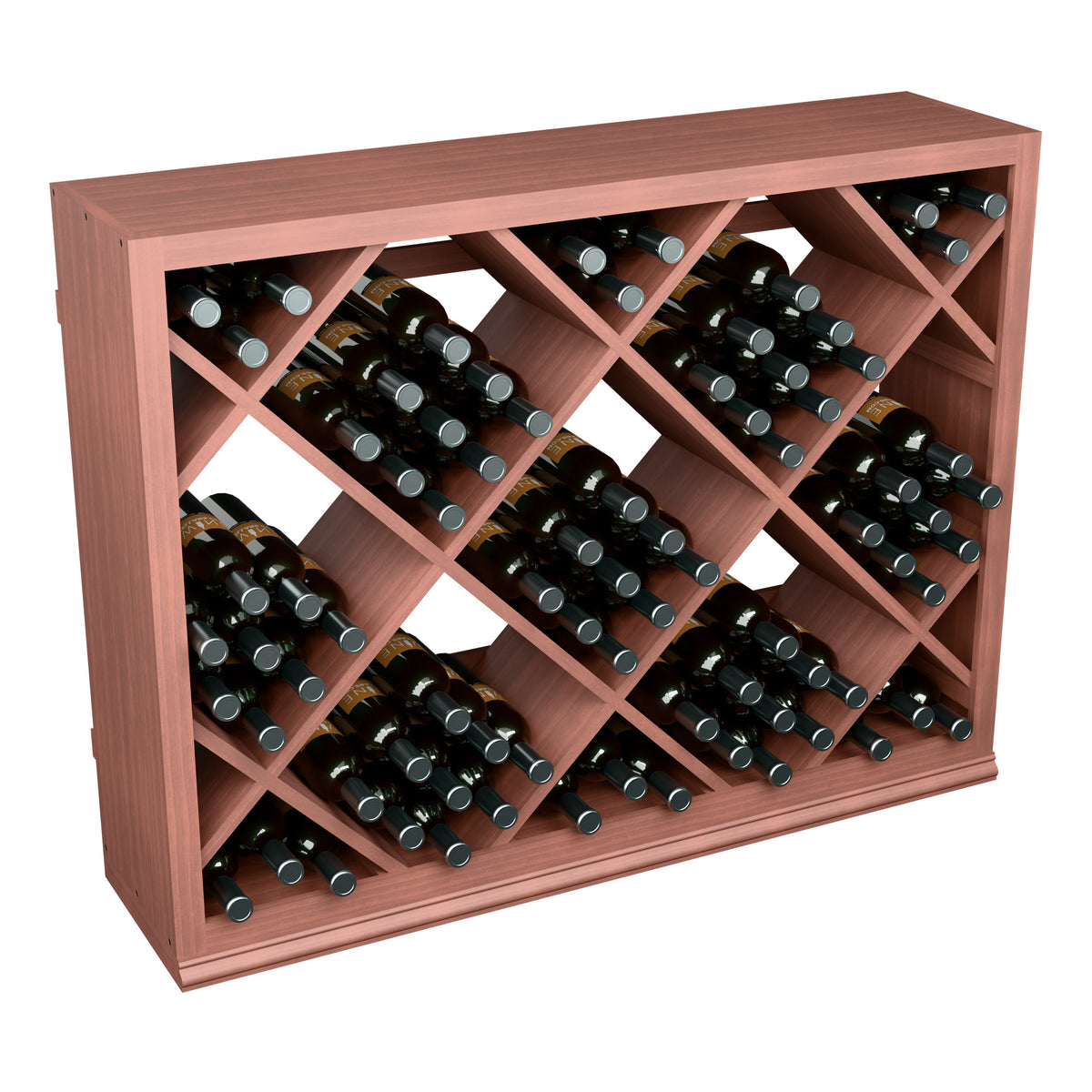 Half-height diamond wine storage cabinet, red wood finish, front view with bottle slots