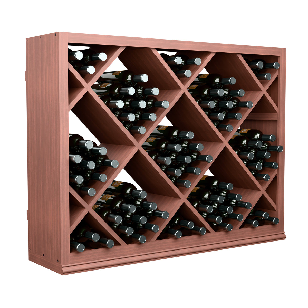 Half-height diamond wine storage cabinet, red finish, angled view of diagonal grid