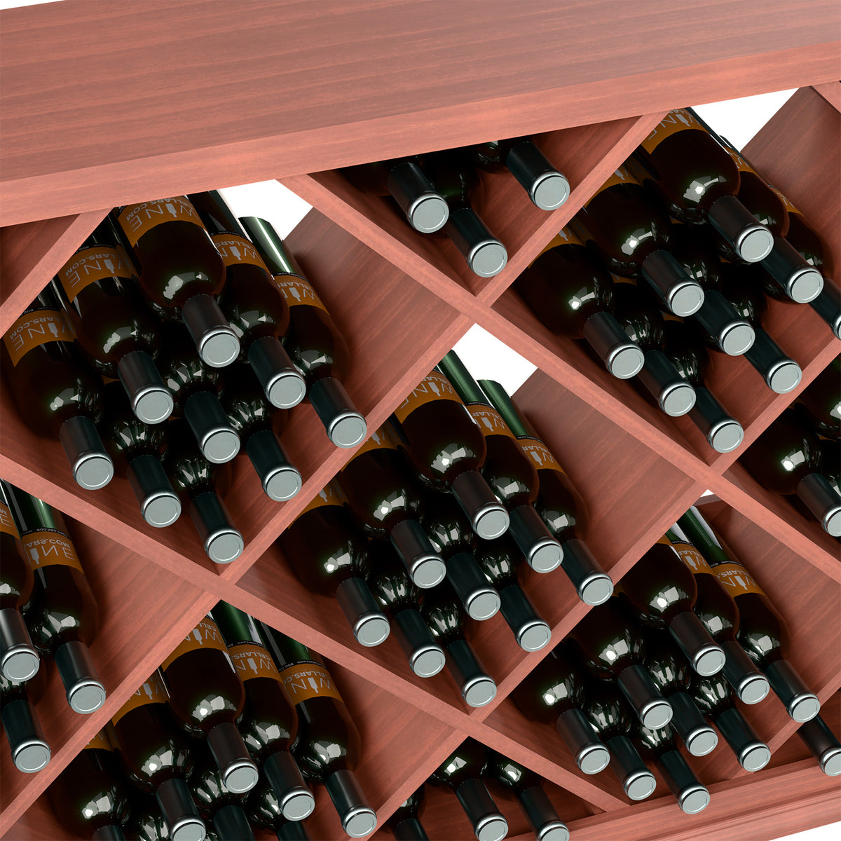 Half-height diamond wine storage cabinet close-up, red wood, bottle rows in diagonal slots