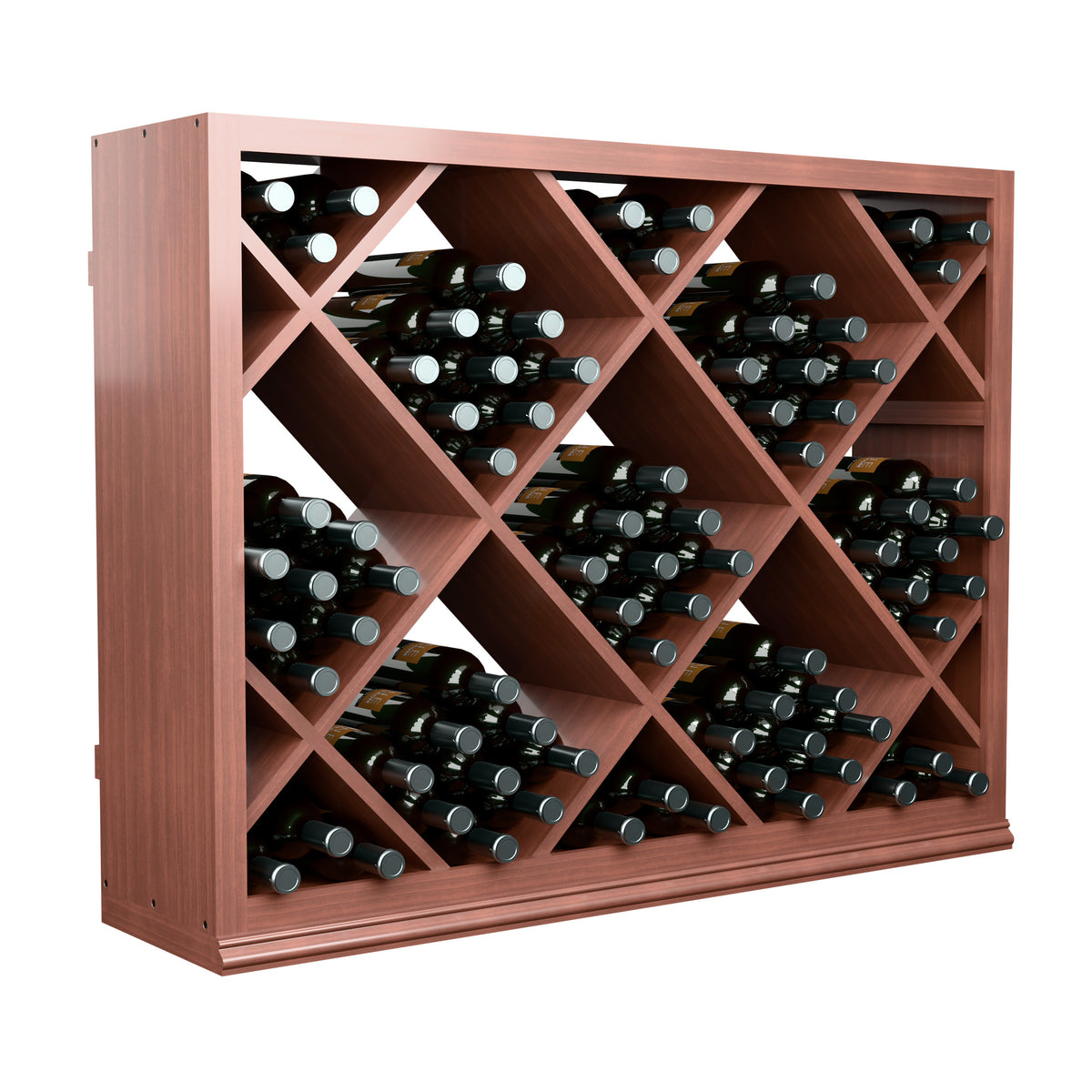 Half-height wine bottle rack with diamond cubbies, holding dark bottles with silver caps