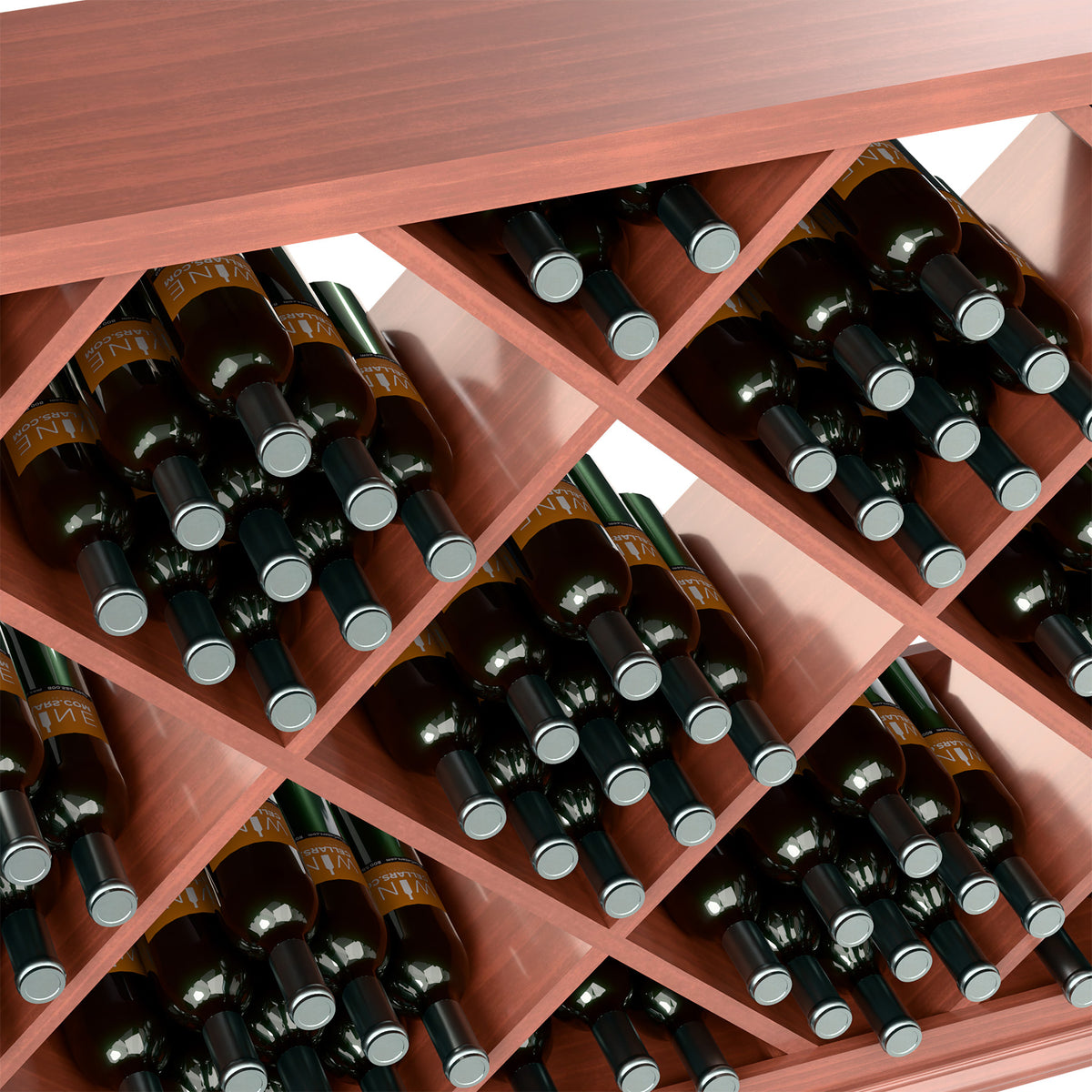 Half-height wine bottle rack close-up, diamond cubbies holding dark wine bottles and caps