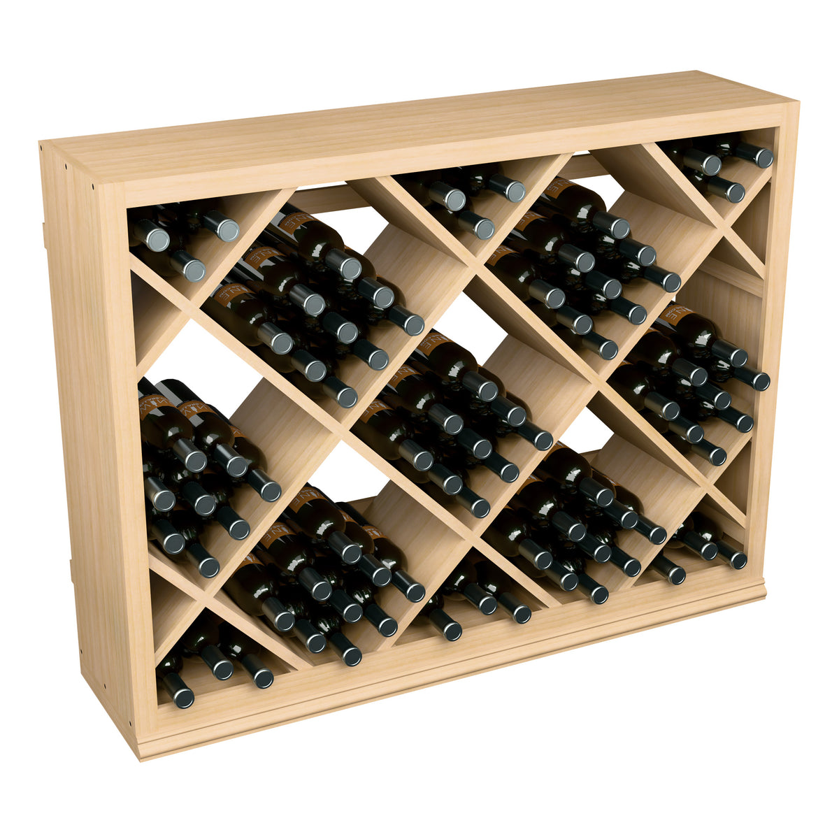 Half-height wine bottle rack in light wood with diamond cubby shelves, filled with bottles
