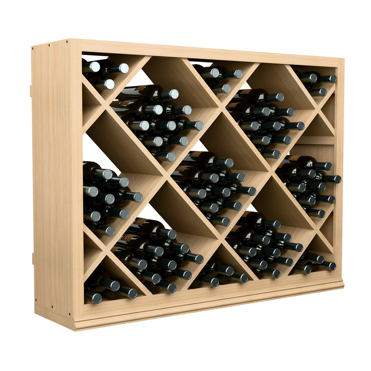 Half-height wine bottle rack with diamond cubbies in light wood, holding dark wine bottles