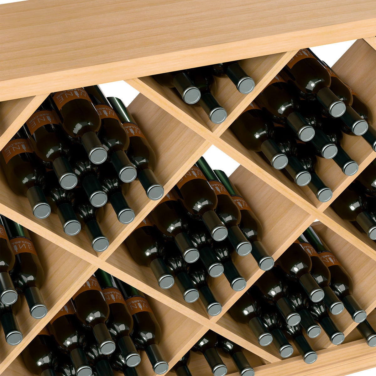 Close-up of light wood wine bottle rack, diamond cubbies with dark bottles and silver caps