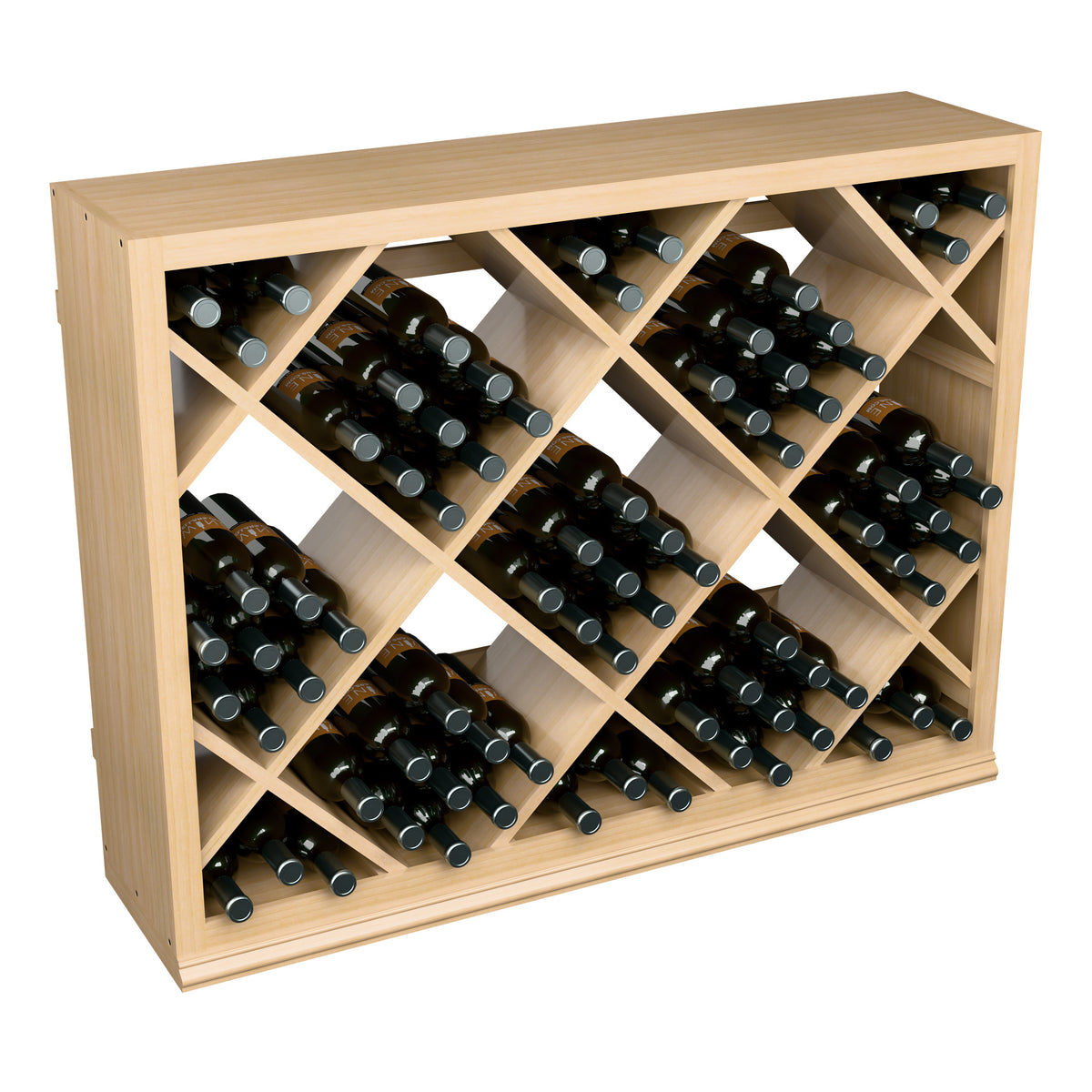 Light-wood half-height wine bottle rack with diamond cubby shelves, filled with dark bottles