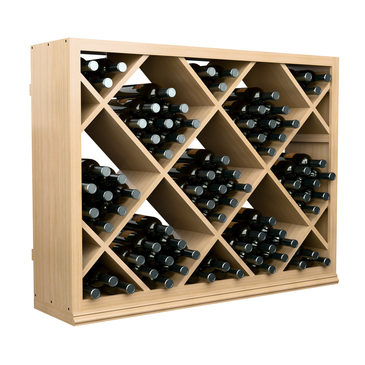 Half-height wine bottle rack in light wood with diamond cubbies, displaying dark bottles