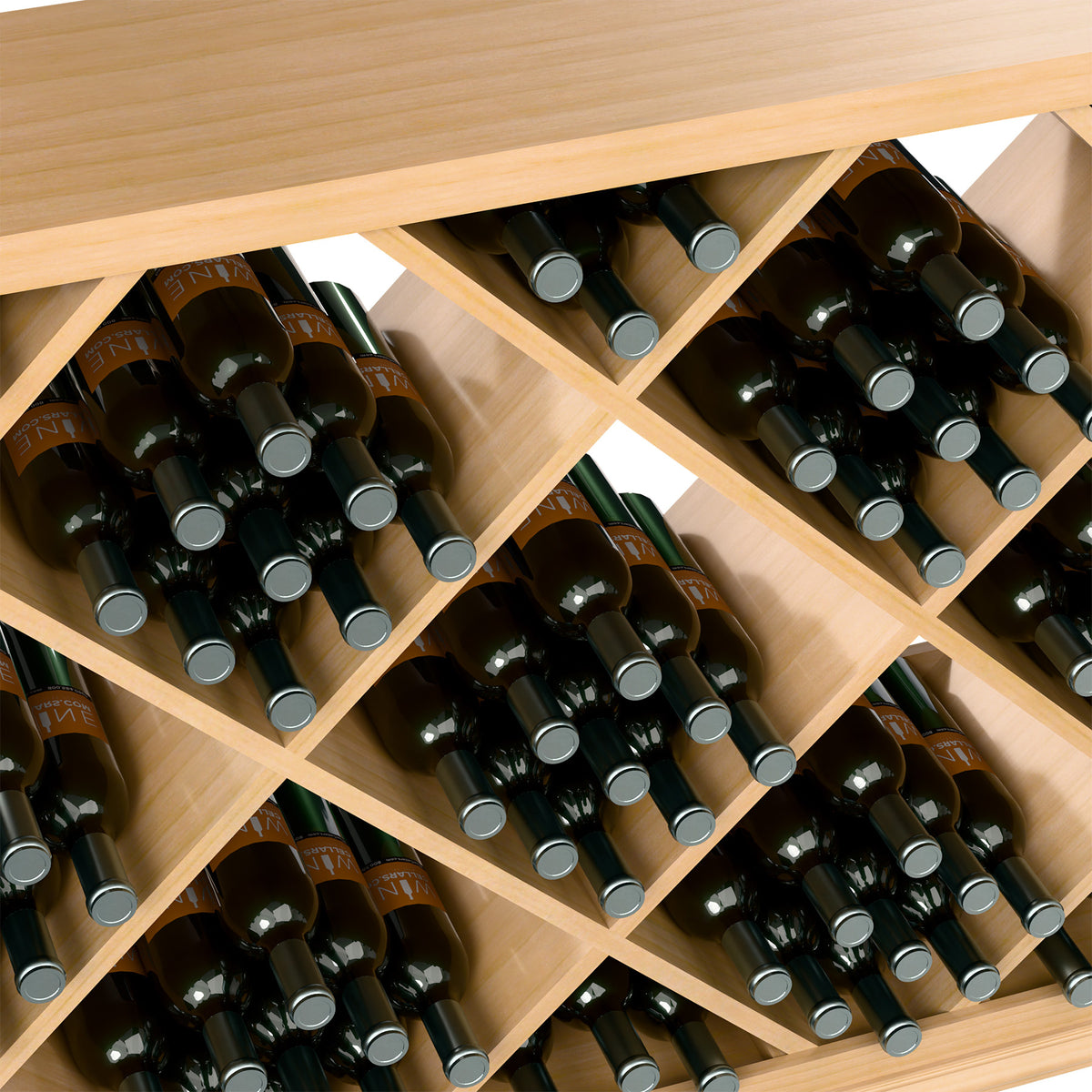 Close-up of diamond cubbies on light-wood wine bottle rack, dark bottles with silver caps