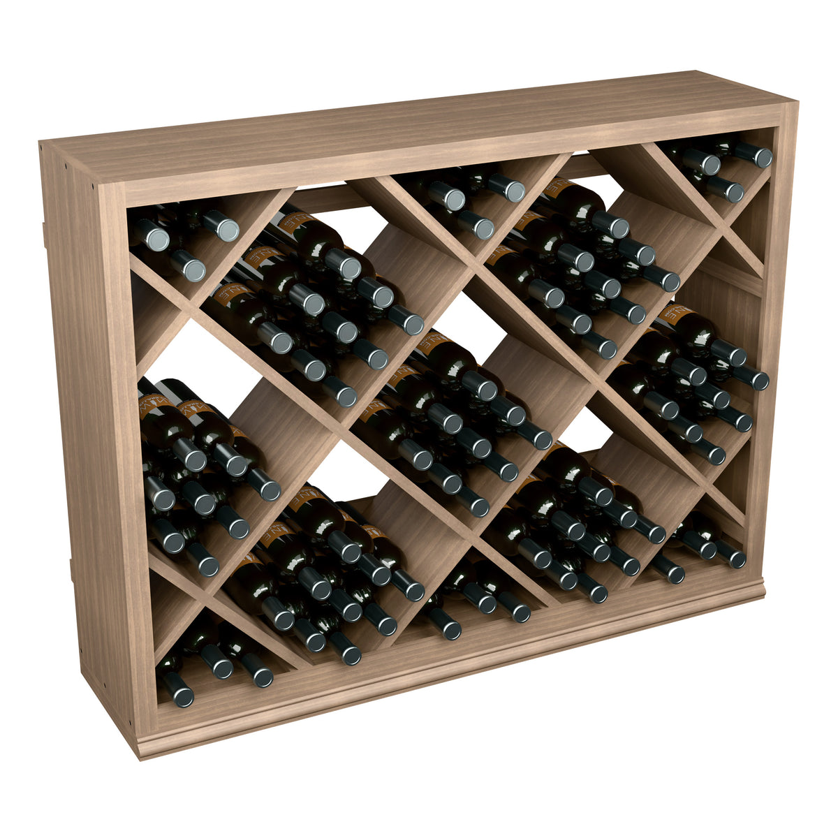 Light-wood half-height wine bottle rack with diamond cubby pattern, holding dark bottles