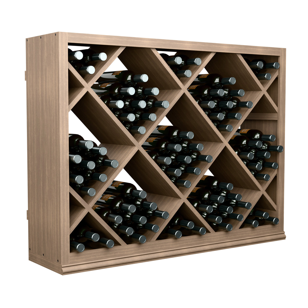 Half-height wine bottle rack in dark wood with diamond cubbies, holding dark bottles with caps