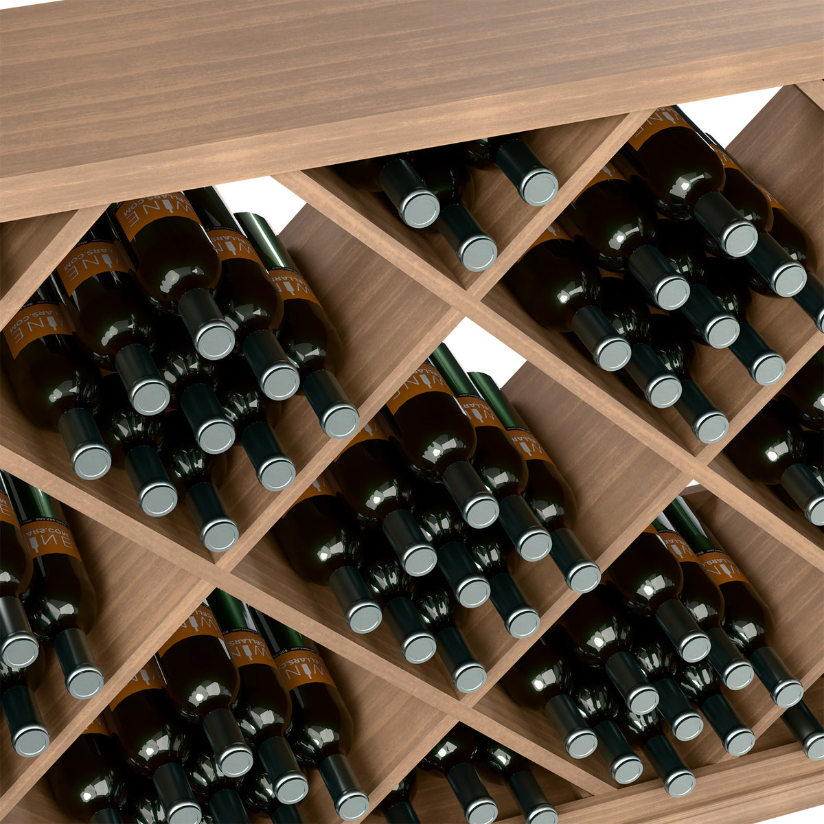 Half-height diamond wine bottle rack with crisscross wooden compartments and dark bottles