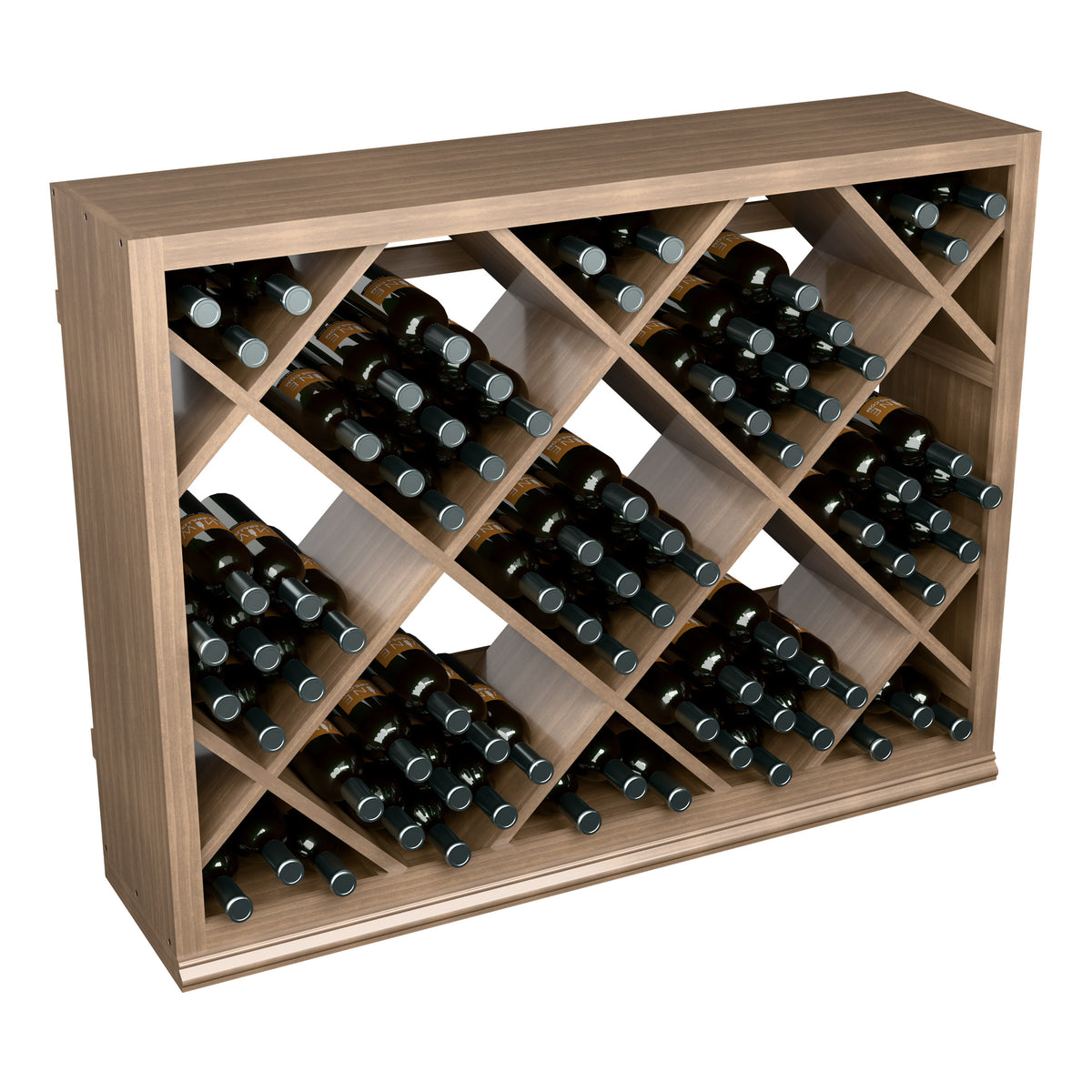Half-height diamond wine bottle rack, front view with dark bottles in angled cubbies