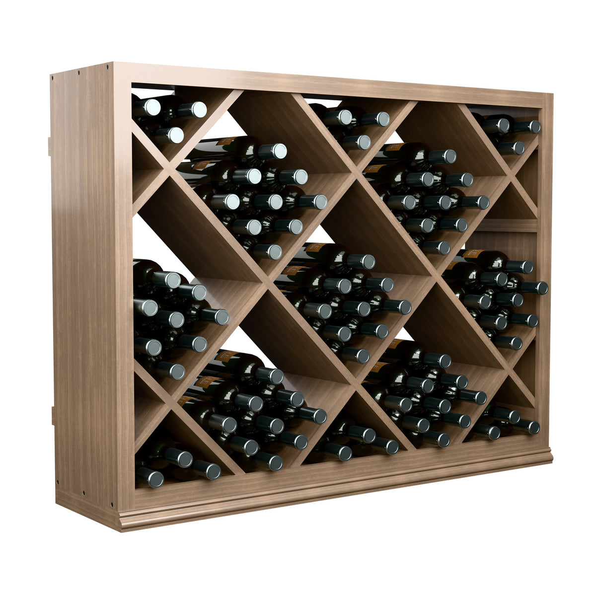 Half-height diamond wine bottle rack at angle with dark bottles in crisscross slots