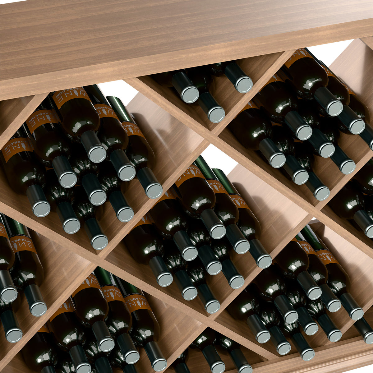 Diamond wine rack close-up: dark bottles in wooden grid compartments with silver bottle caps