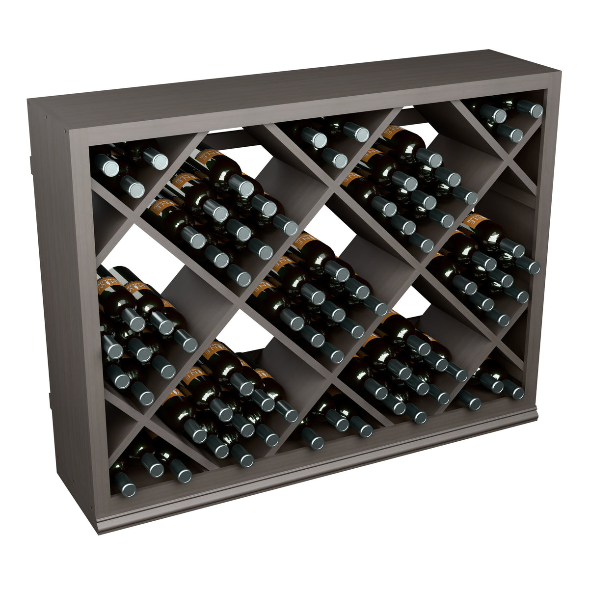Half-height diamond wine bottle rack with dark bottles, gray-stained wood and crisscross cells