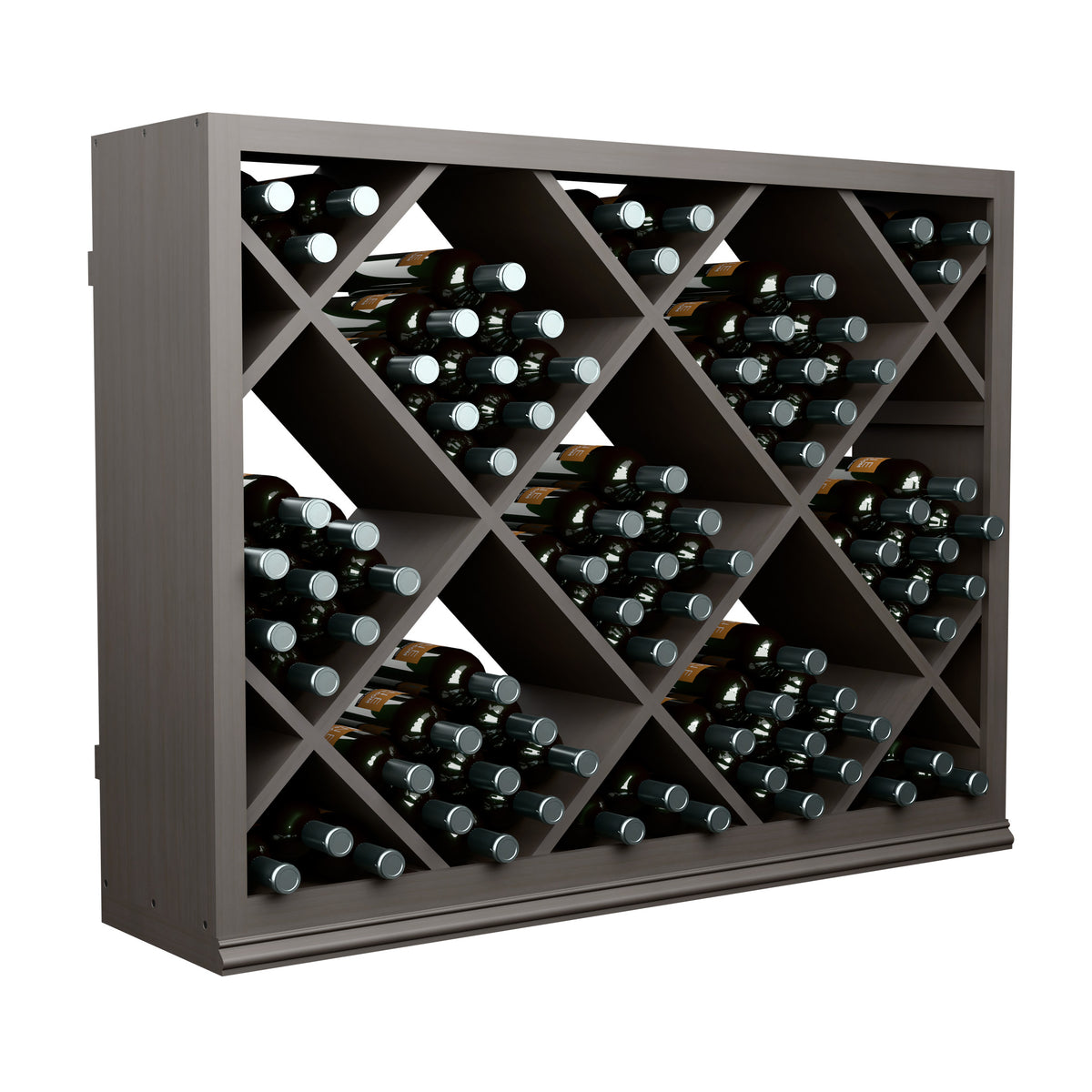 Half-height diamond wine bottle rack angled view with dark bottles in open wooden compartments