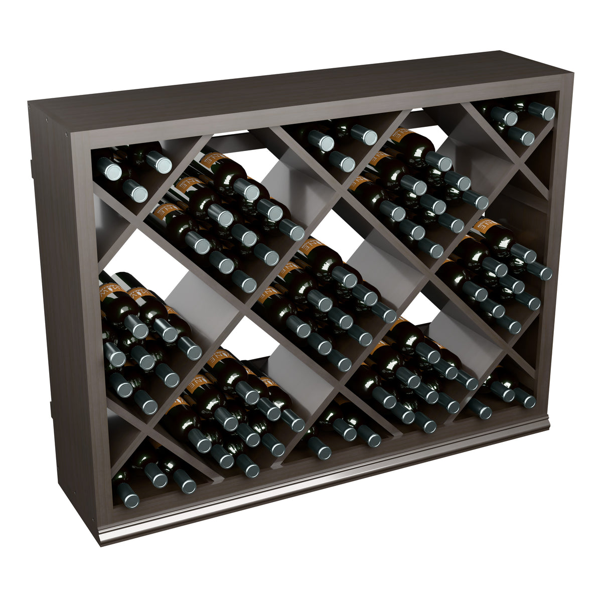 Half-height diamond wine bottle rack front view with dark bottles and wooden diamond-grid shelves