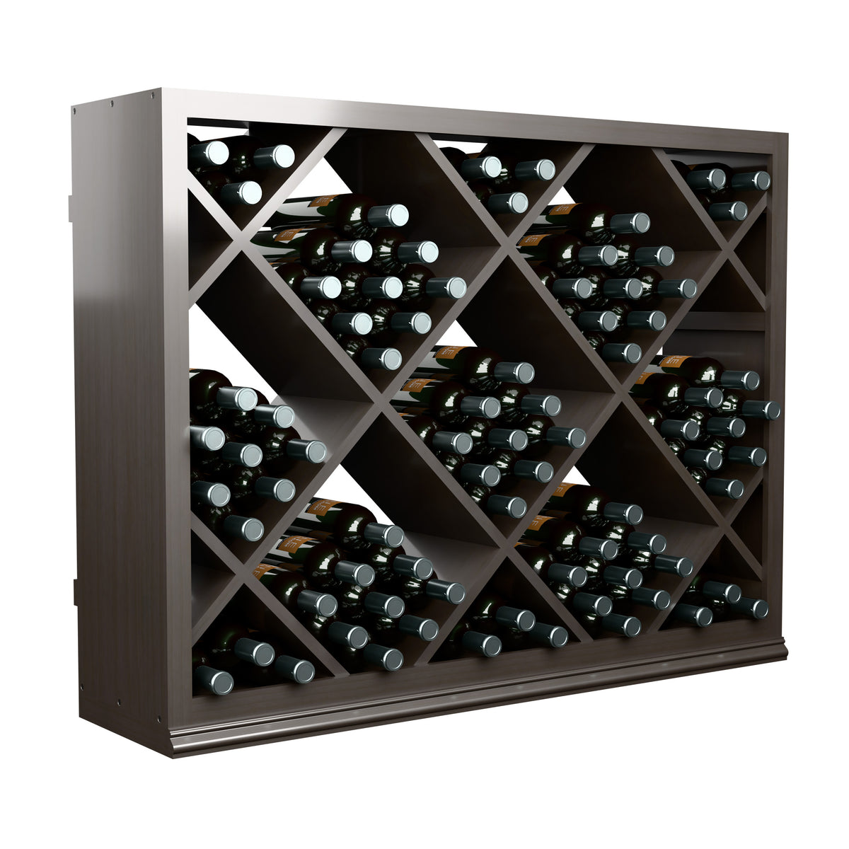 Half-height diamond wine bottle rack with dark bottles in diagonal wooden cubbies, open front