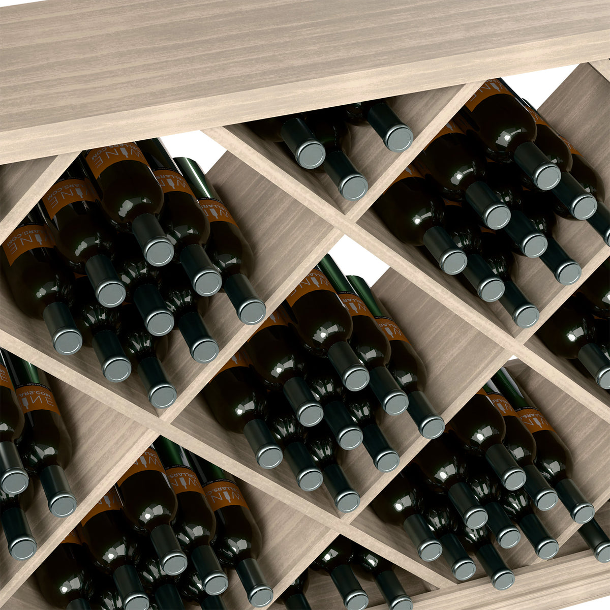 Diamond-pattern wine rack detail with rows of bottles in gray metal holders