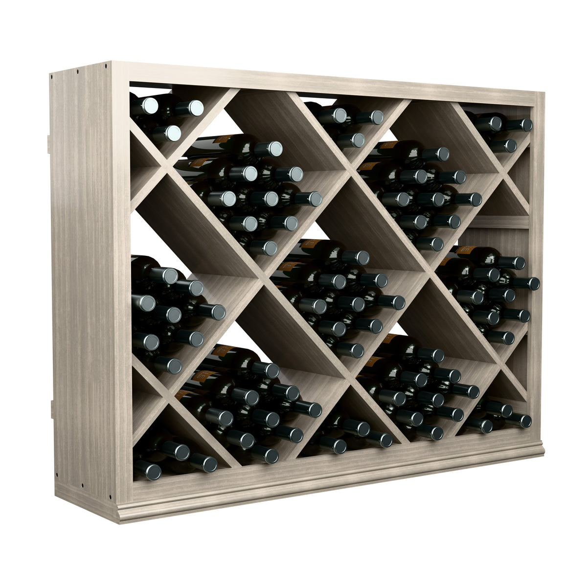 Half-height wine bottle rack in light wood with diamond lattice and front cubbies