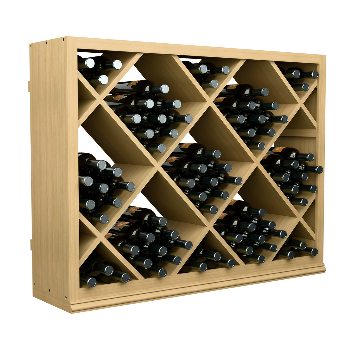 Half-height diamond-pattern wine bottle rack, light wood with multiple bottle rows