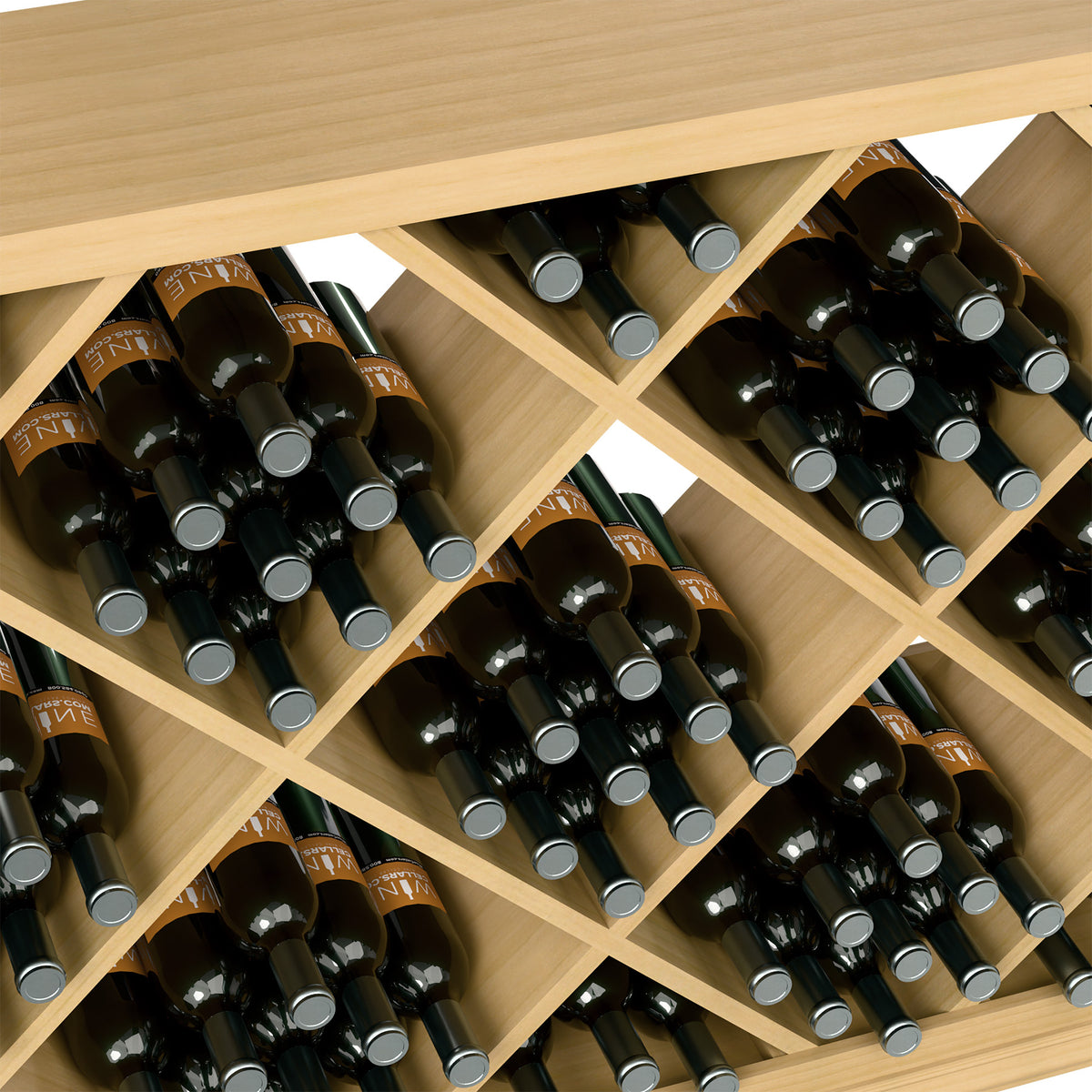 Diamond-pattern wine rack close-up with upright bottles in individual cubbies