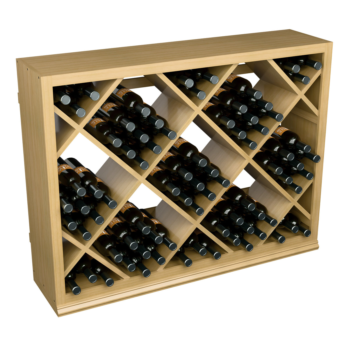 Half-height wine bottle storage rack, light wood frame and diagonal diamond compartments
