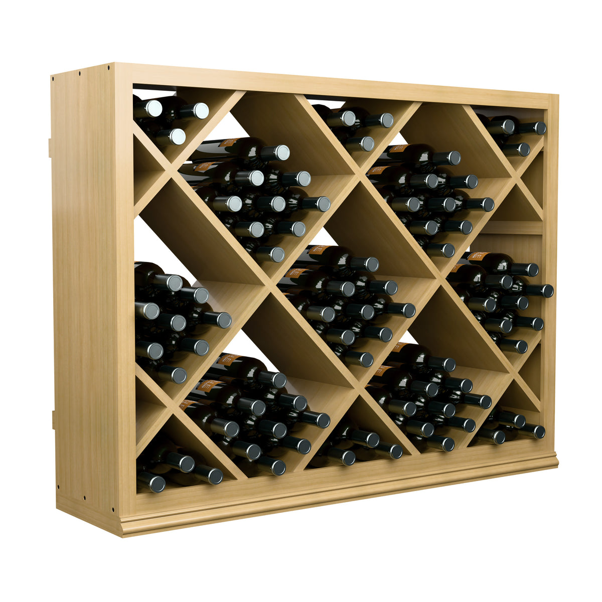 Half-height wooden wine rack with diamond lattice compartments holding dark wine bottles