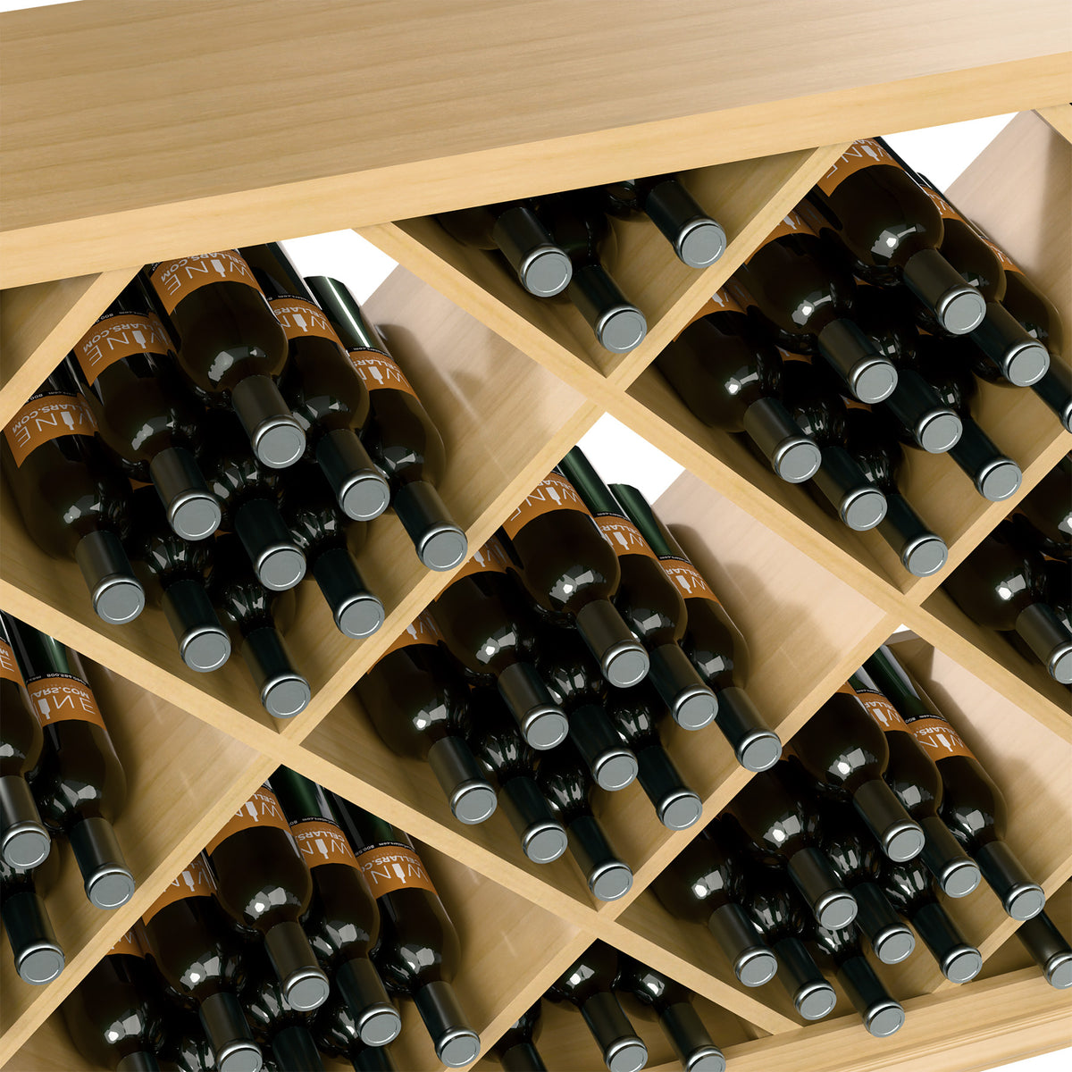 Close-up of wooden diamond wine rack cells with dark wine bottles