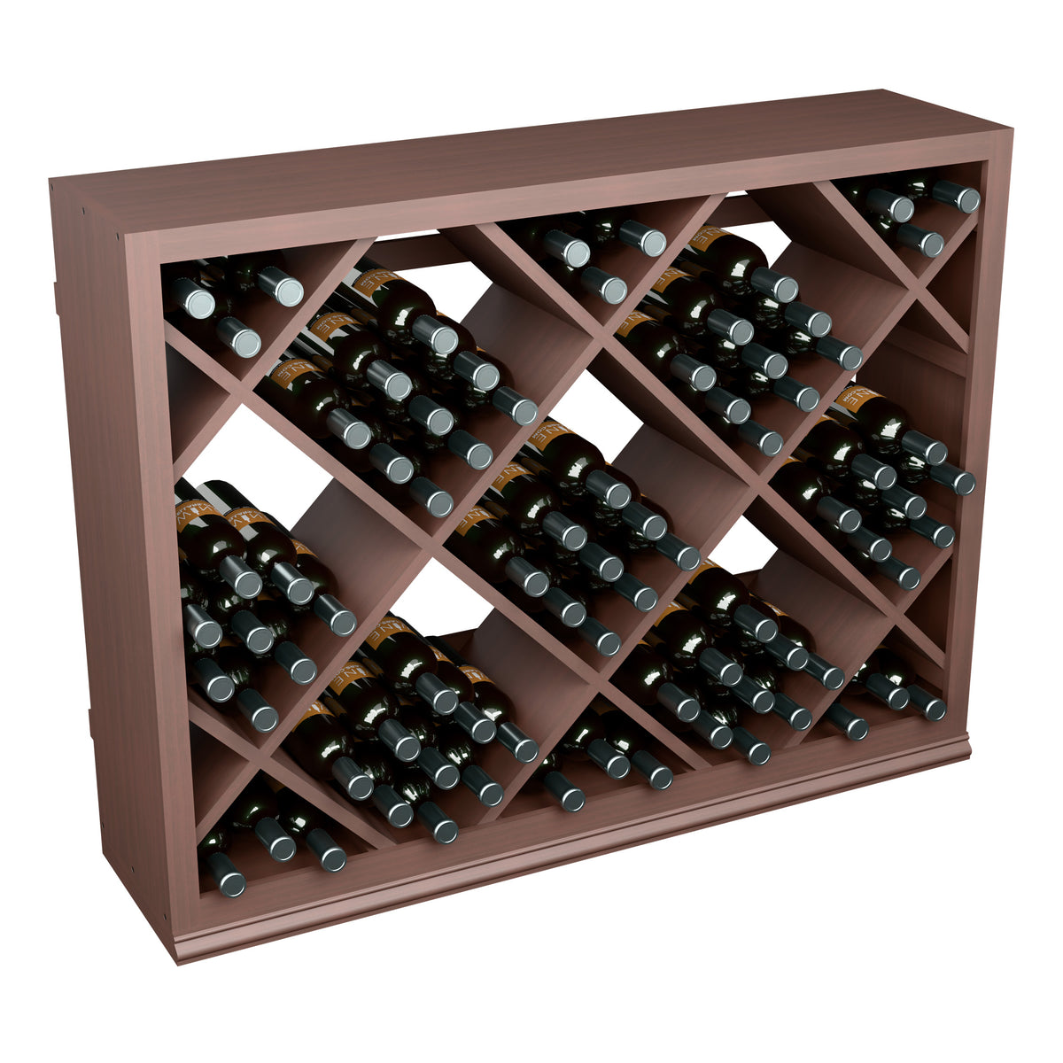 Half-height dark wood wine rack with diamond lattice compartments and wine bottles