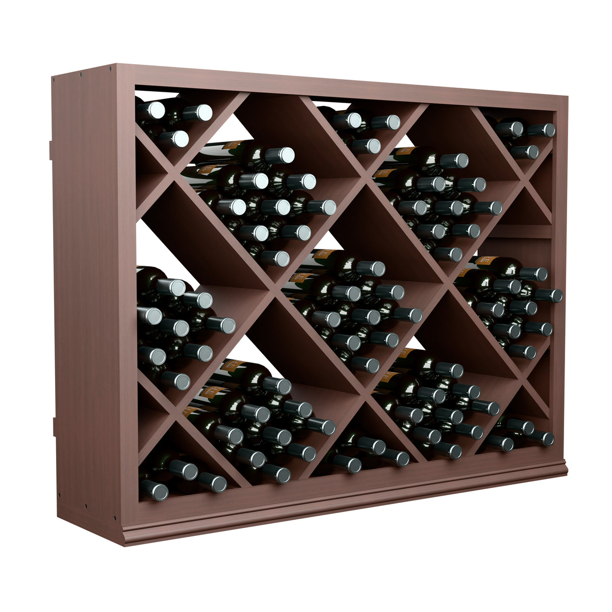 Dark-stained wood wine rack with diamond pattern bottle slots and stored wine bottles