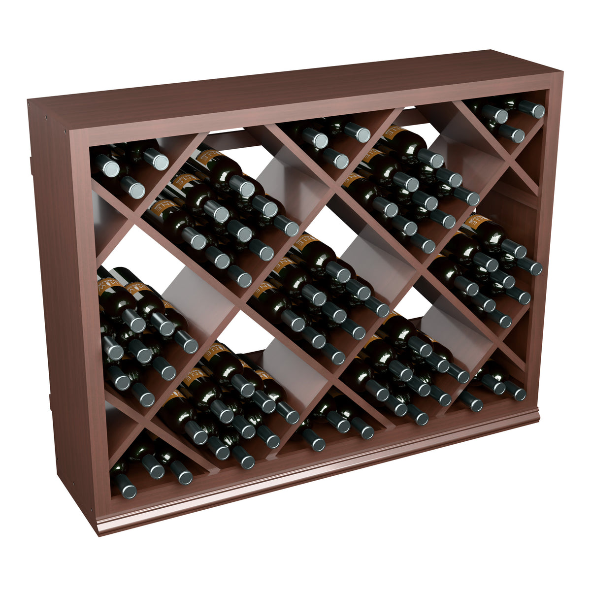 Half-height dark wood wine rack with diamond lattice shelves holding wine bottles