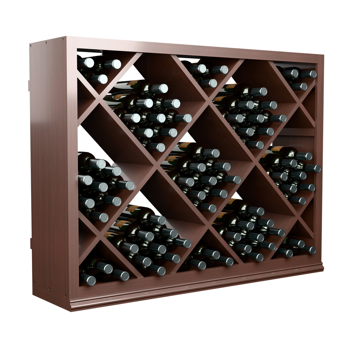 Dark wood half-height wine rack with diamond lattice compartments filled with bottles