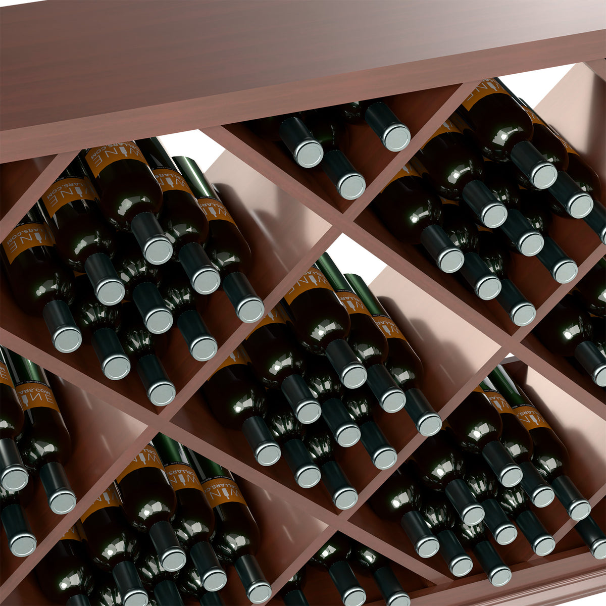 Close-up view of dark wood diamond wine rack compartments with wine bottles