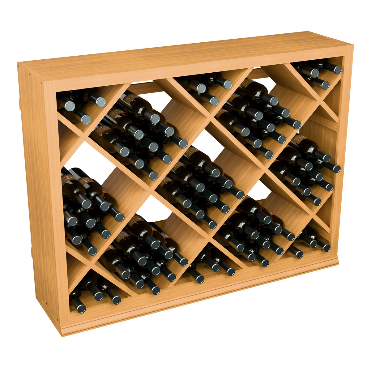 Half-height light wood wine rack with diamond lattice compartments holding wine bottles