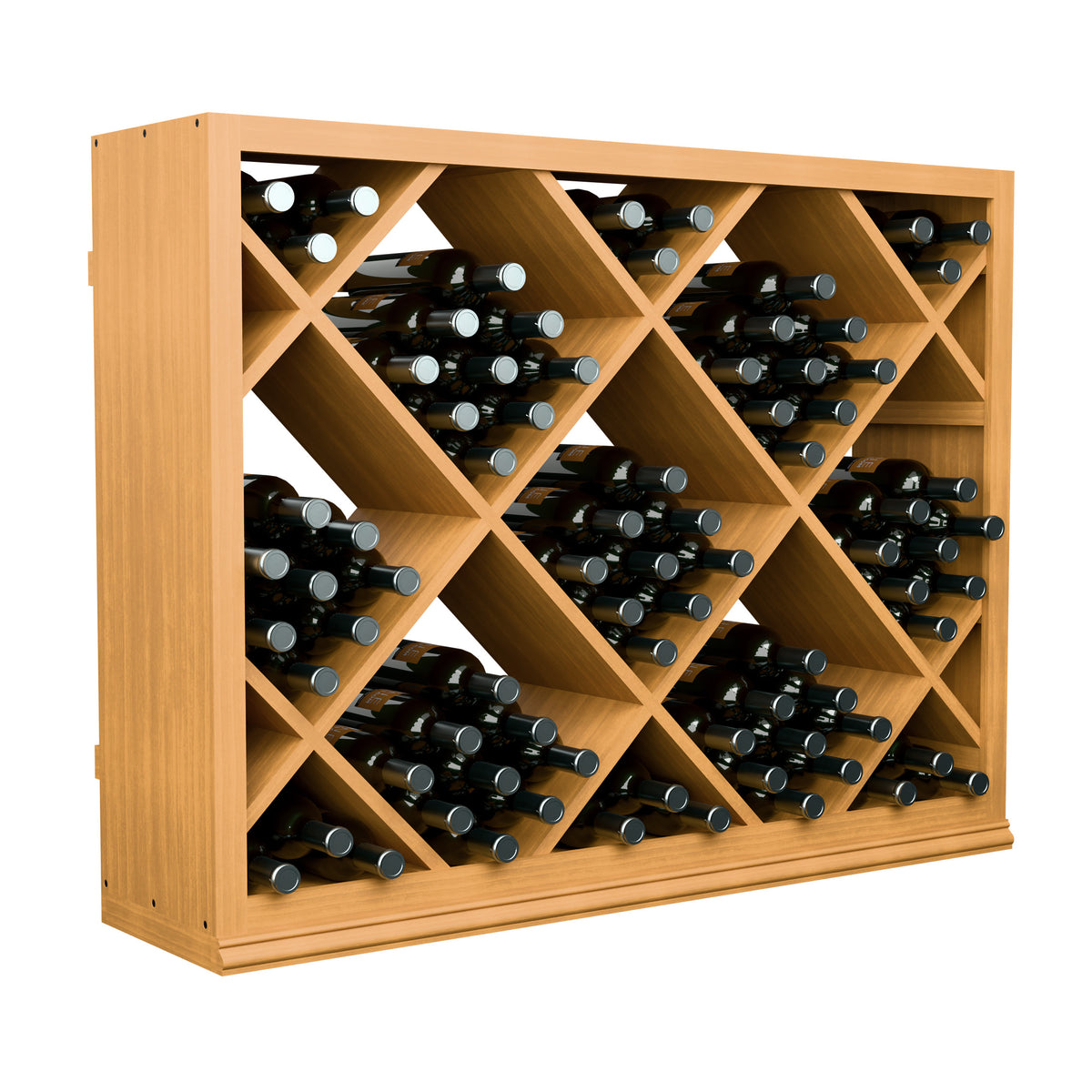Light wood diamond lattice wine rack with bottle storage compartments for wine bottles
