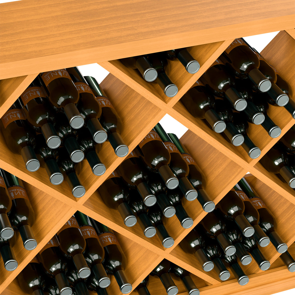 Half-height wine rack with diamond cubby dividers, holding dark wine bottles
