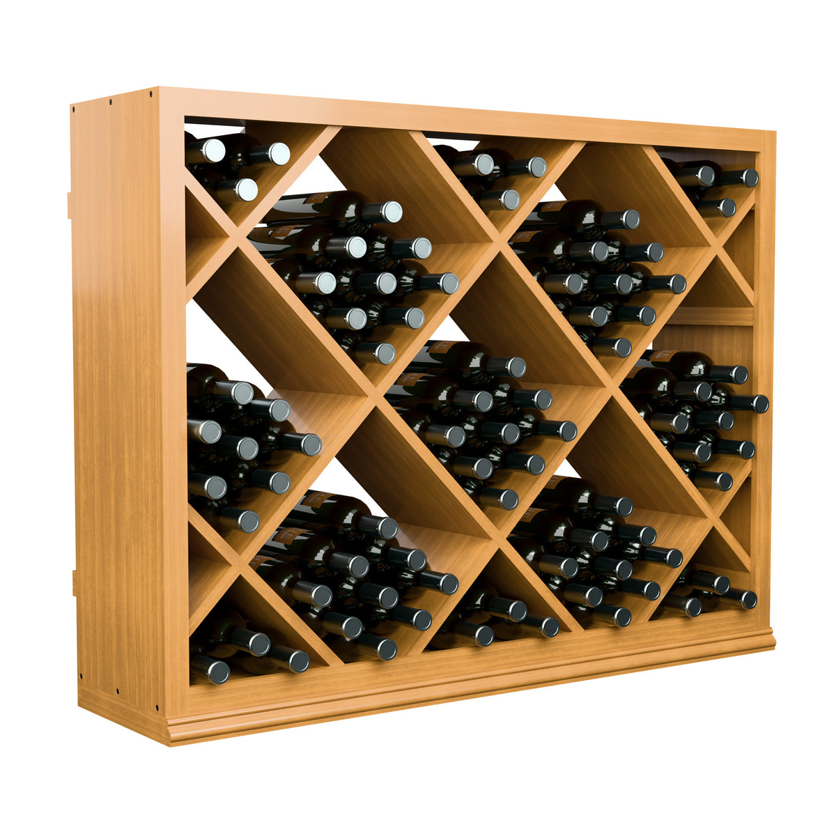 Half-height wine rack with diamond grid shelves, open front with wine bottle rows