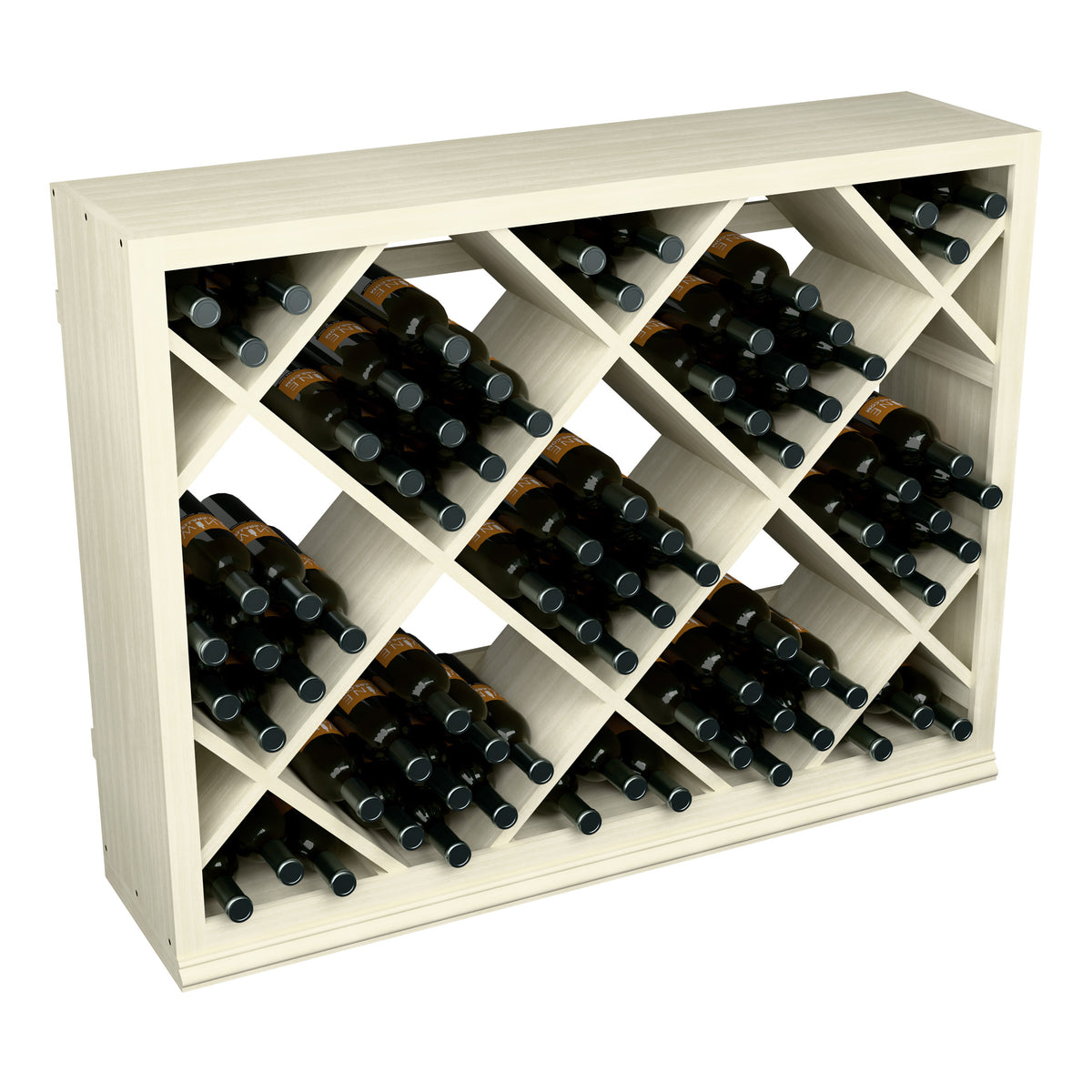 Half-height wine rack in light wood with diamond lattice, holding wine bottles