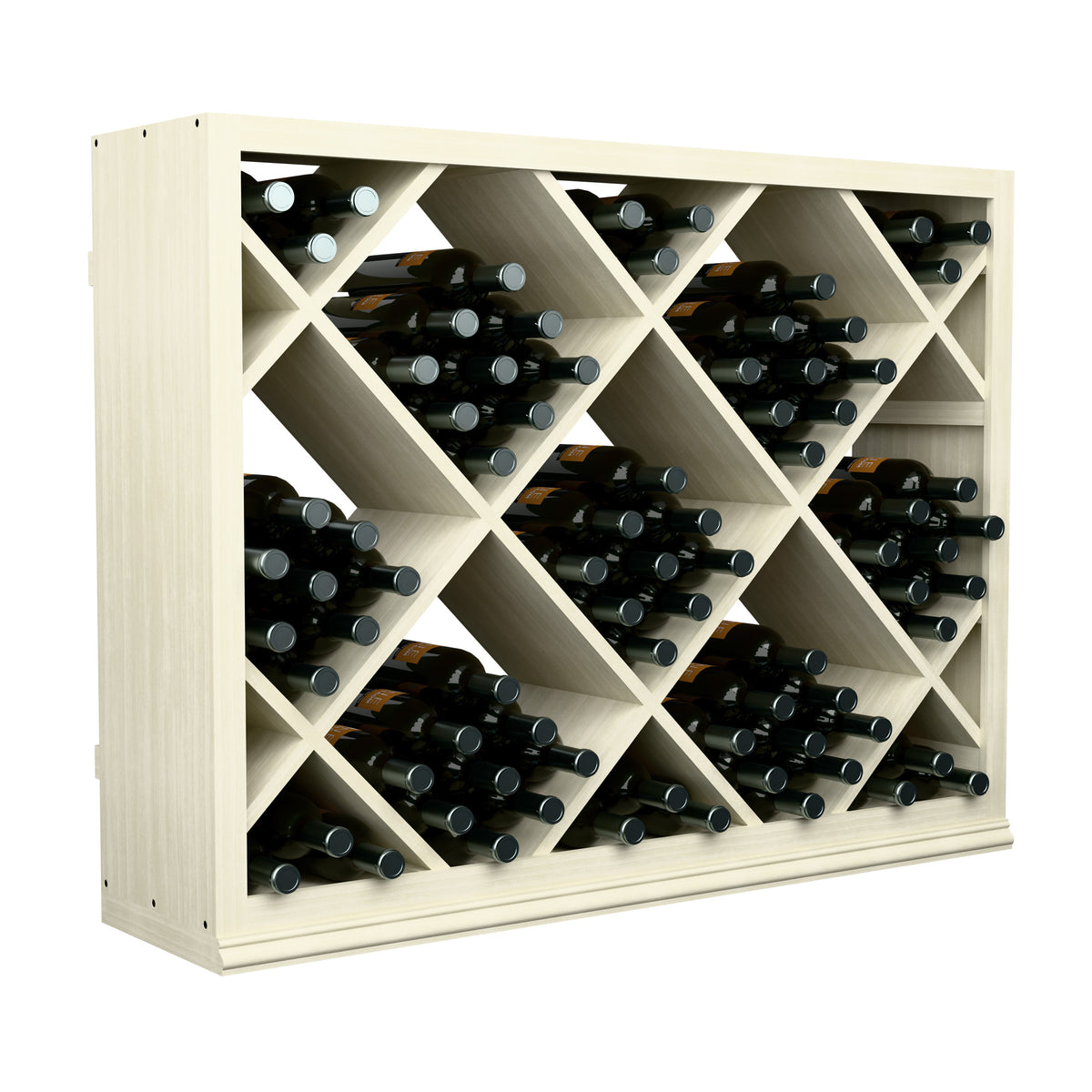 Half-height wine rack in light wood with diamond grid, front view with bottle slots