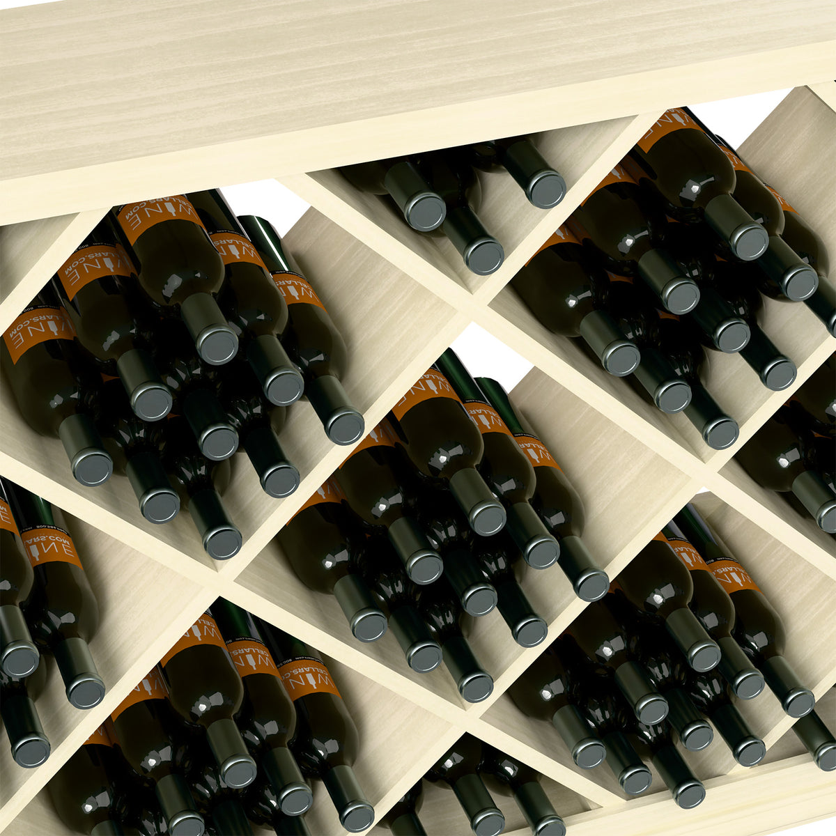 Half-height wine rack detail: light wood diamond dividers with dark wine bottles