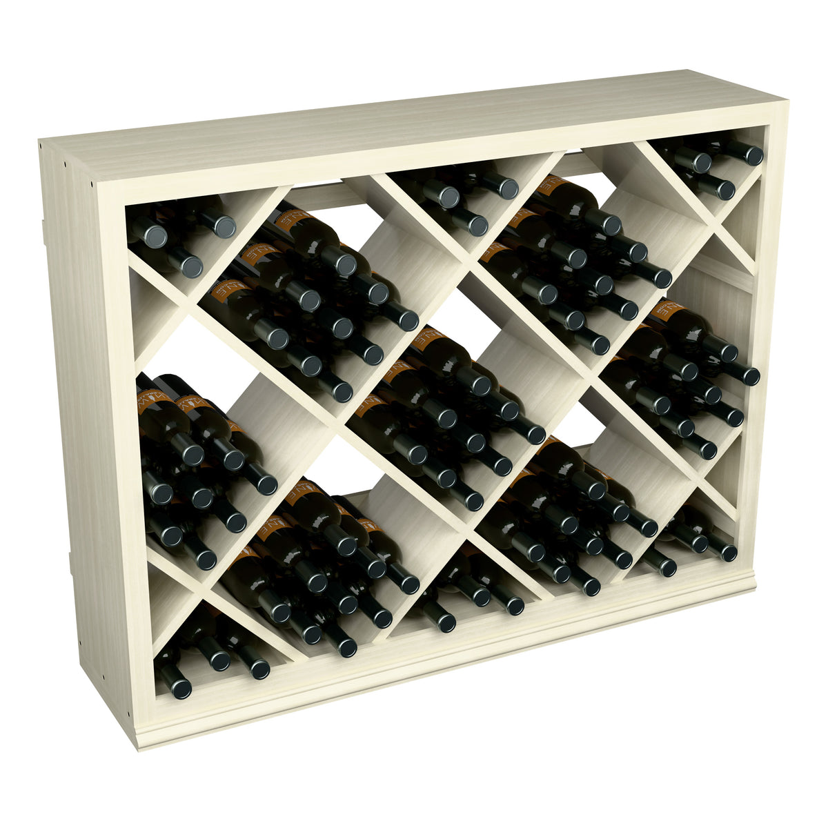 Half-height wine rack in light wood with diamond lattice, open front filled with bottles