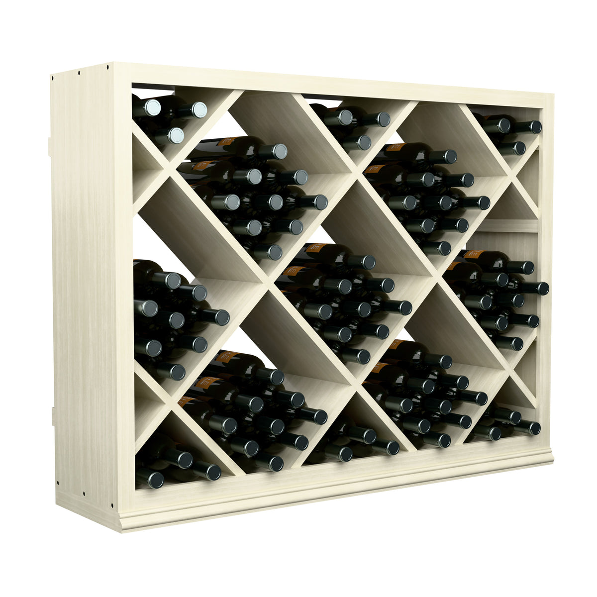 Half-height wine rack in light wood with diamond grid shelves, bottle rows visible
